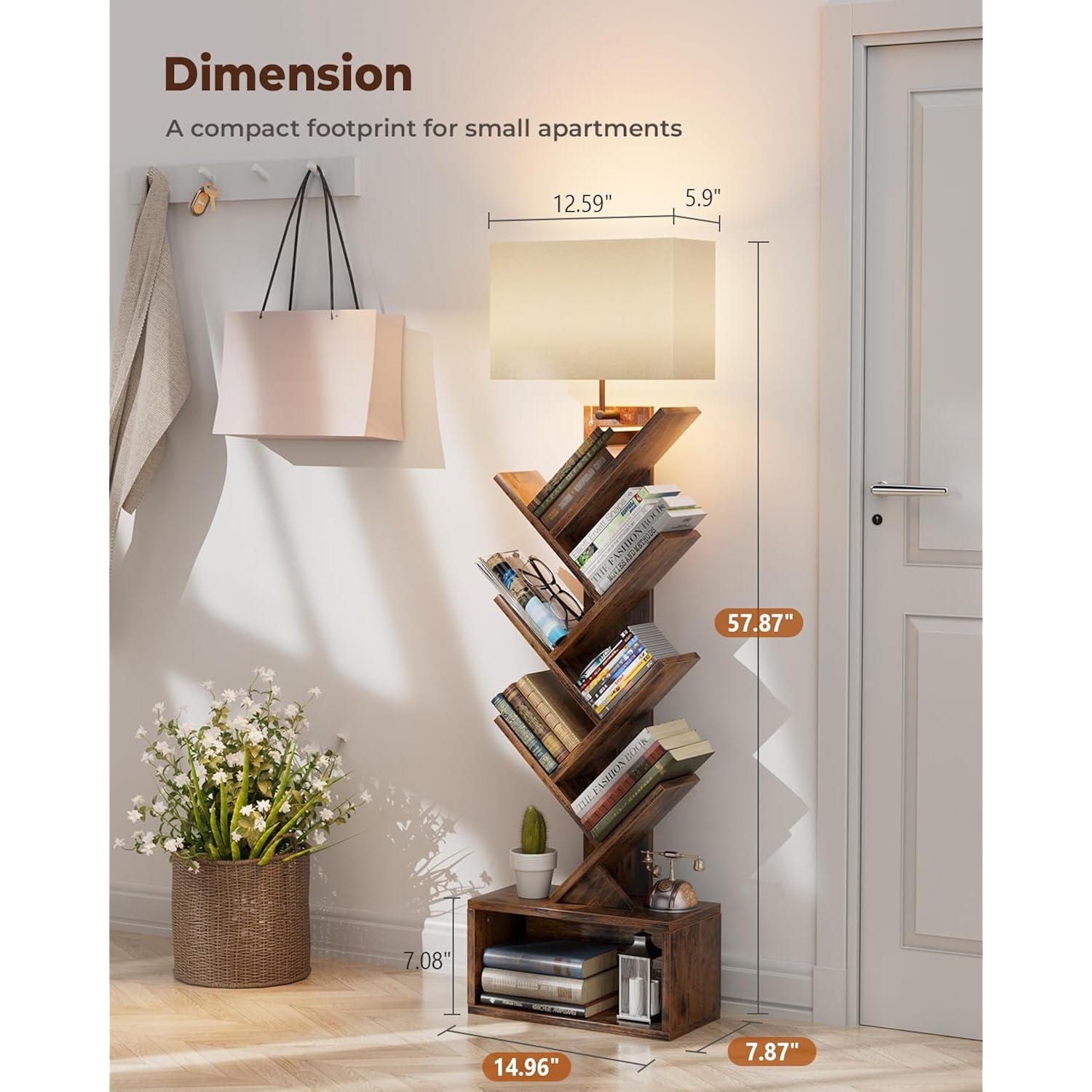 Evermagin 6 Tier Tree Bookshelf With Light, Narrow Bookcase Tower, Tall Floor Standing Book Organizer With Storage Cabinet For Living Room, Bedroom And Home Office, Rustic Brown