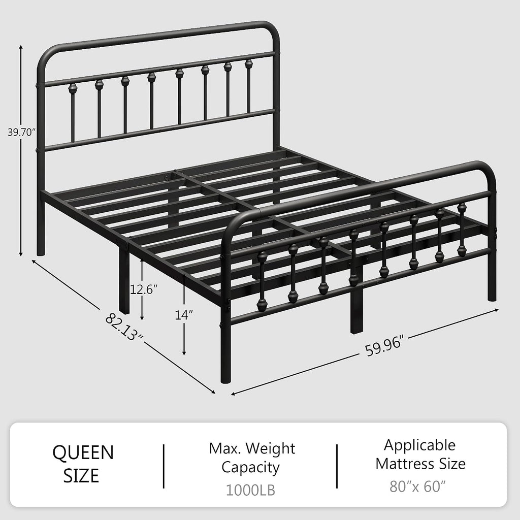 Zunatu Queen Size Metal Platform Bed Frame/Victorian Style Headboard And Footboard/Steel Slat Support/Easy Assembly/No Box Spring Needed/Underbed Storage/Noise Free/Black