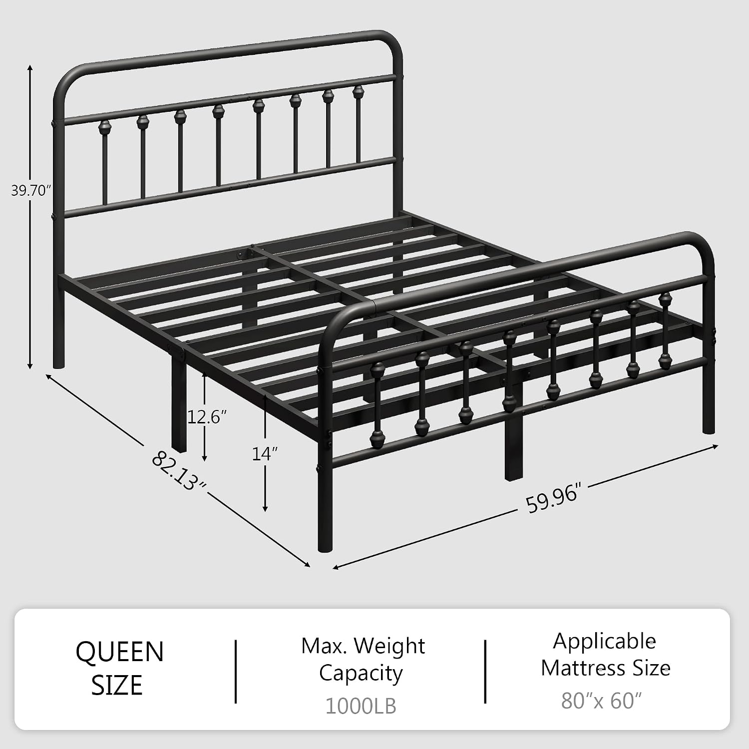 Zunatu Queen Size Metal Platform Bed Frame/Victorian Style Headboard And Footboard/Steel Slat Support/Easy Assembly/No Box Spring Needed/Underbed Storage/Noise Free/Black
