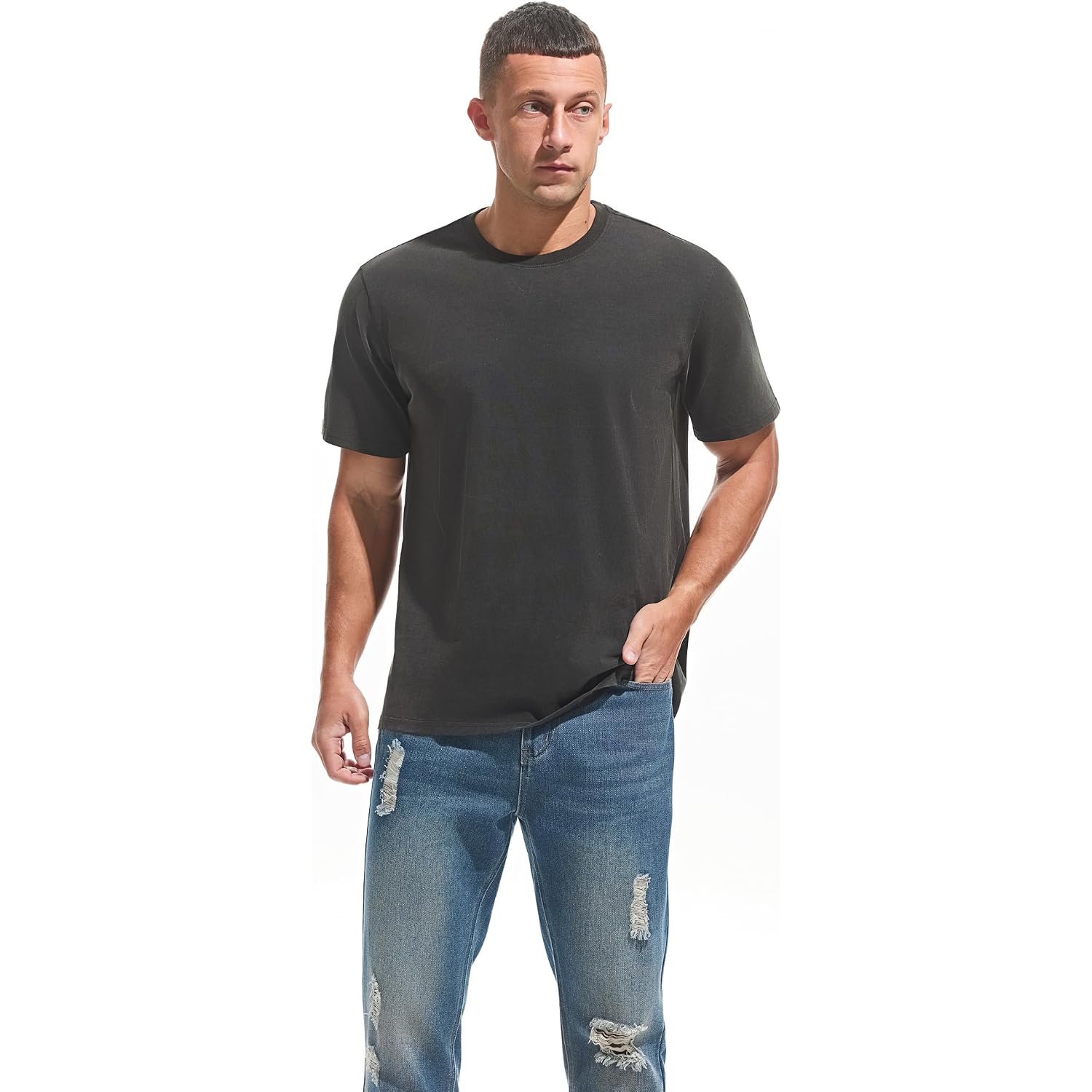Veiisar Men'S Heavy Weight Crew Neck 100% Cotton T-Shirt - 250G/M² Thick Distressed Washed T-Shirts For Men
