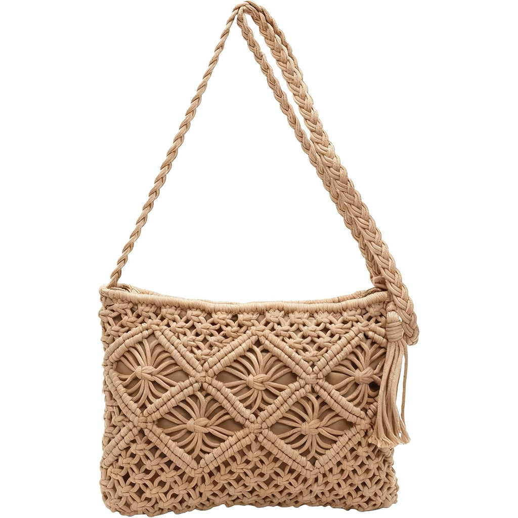 Boho Handwoven Crossbody Bag For Women - Crochet Straw Clutch Purse Beach Bag With Tassel For Vacation Casual & Travel