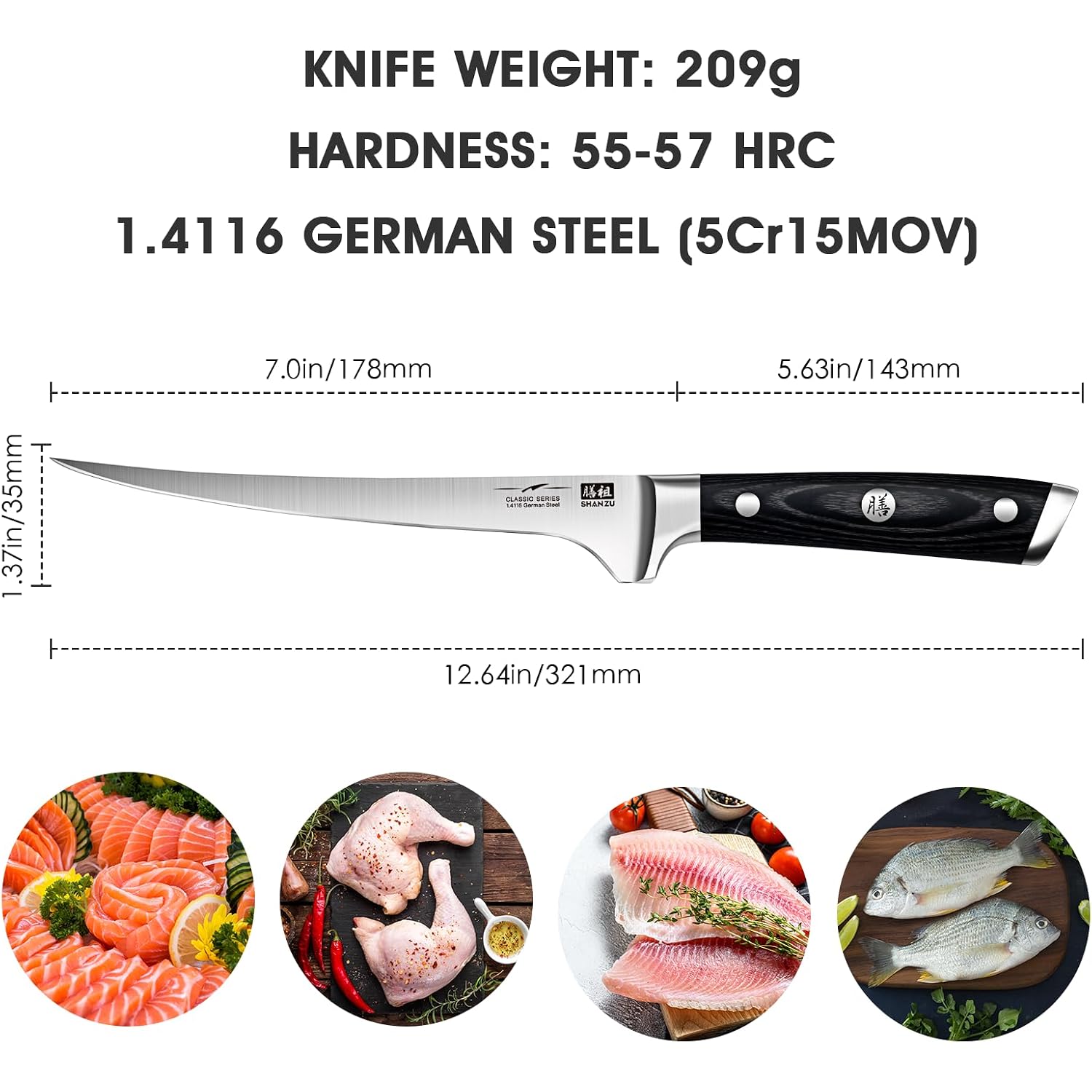 Shan Zu Fillet Knife 7 Inch- Edge Deboning Fish And Meat Boning Knife, Professional Super Sharp Fish Knives Made Of German Stainless Steel Boning Knives With Full Tang Handle