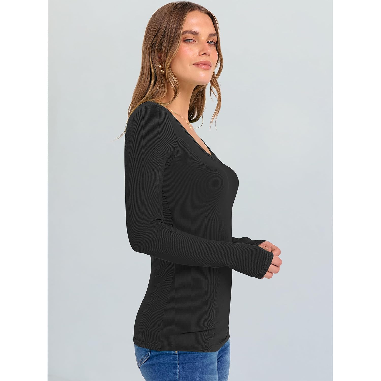 Long Sleeve Shirts for Women V Neck Ribbed Knit Fitted Fall Basic Tshirts Going Out Tops 2026 Casual Trendy Clothes