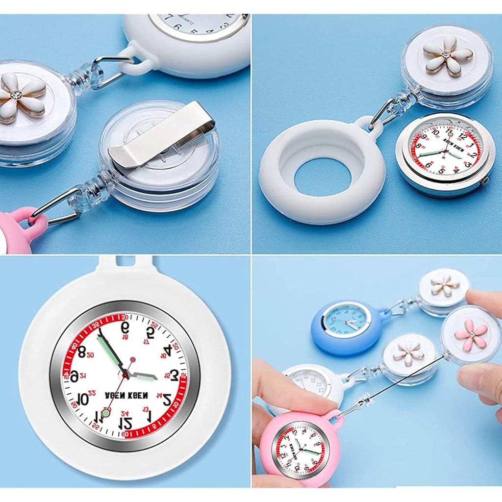 Agen Kgen 3X Retractable Nurse Watch For Nurses Doctors, Clip-On Hanging Lapel Nurse Watch Silicone Cover Brooch Fob Pocket Watch Badge Reel