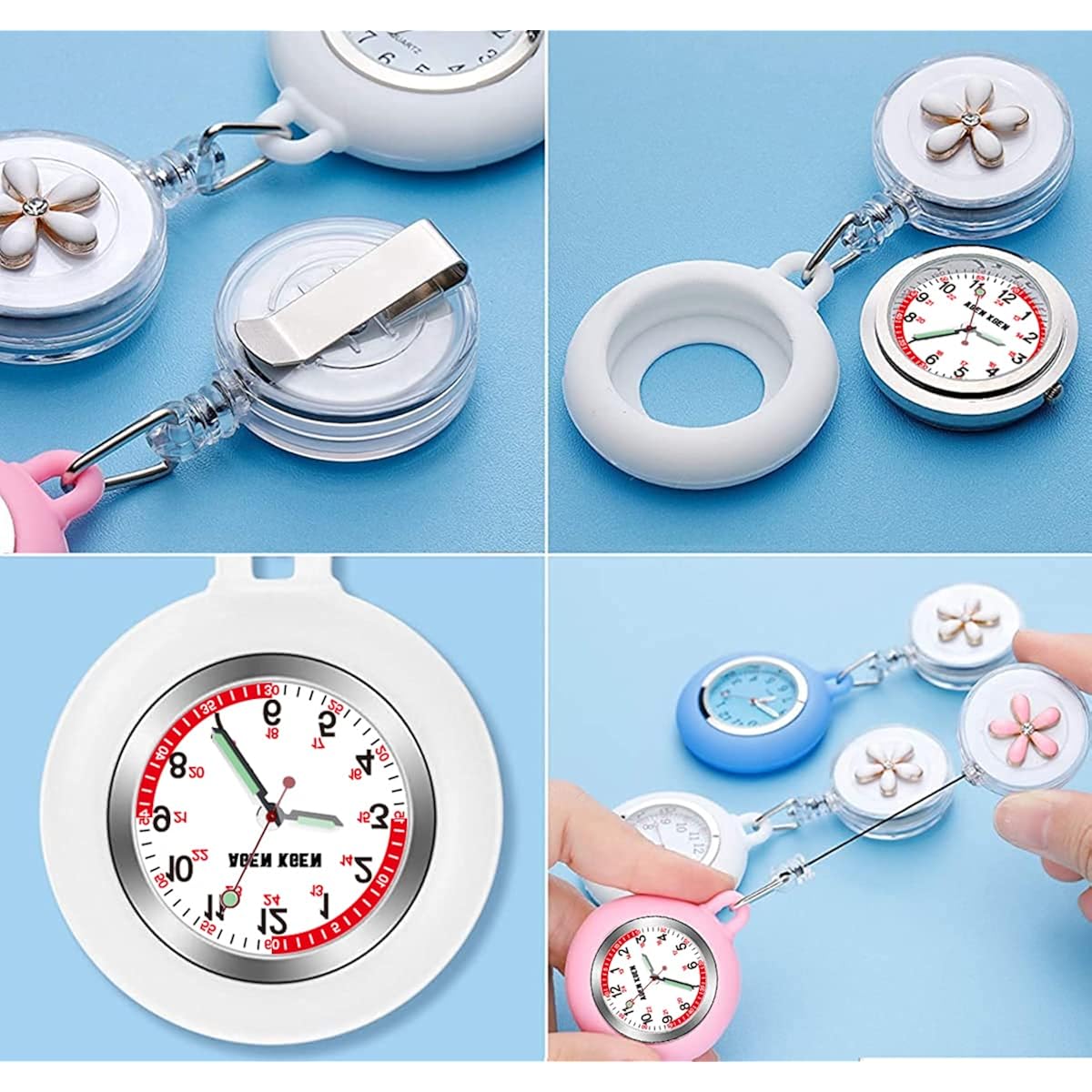Agen Kgen 3X Retractable Nurse Watch For Nurses Doctors, Clip-On Hanging Lapel Nurse Watch Silicone Cover Brooch Fob Pocket Watch Badge Reel