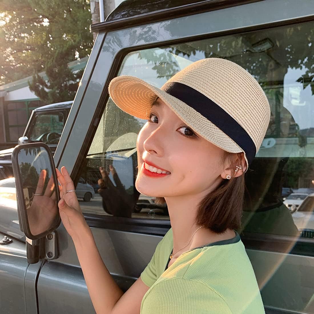 Summer Visor Hats for Women Foldable Floppy Solid Color Straw Sun Hat Travel Beach Baseball Cap Beige