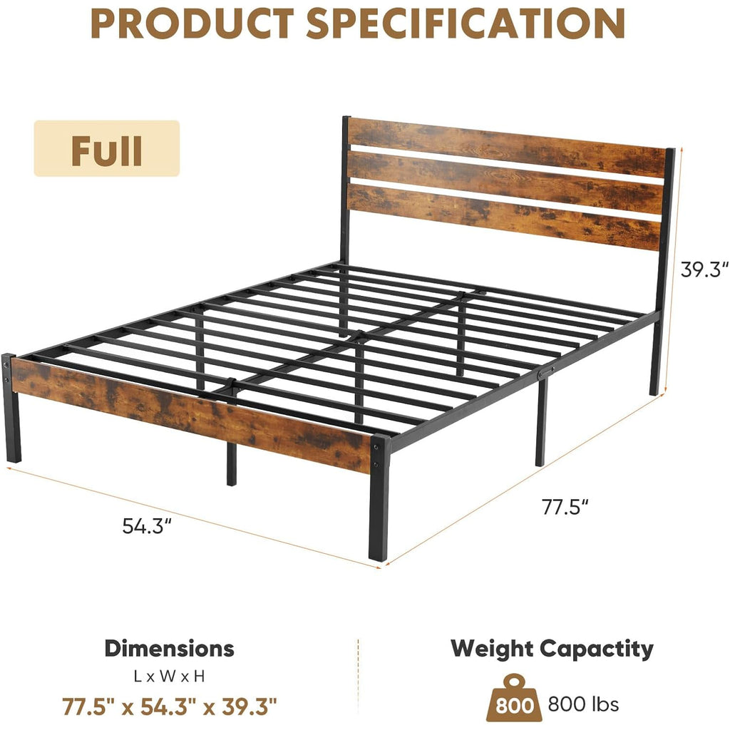 OLIXIS Full Size Bed Frame with Headboard, 800LBS Mattress Foundation with All Sturdy Metal Support, Under Bed Storage, No Box Spring Needed, Easy Assembly, Rust Brown