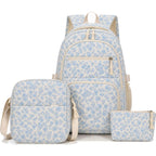 Floral Backpack 3Pcs Set For Women Quilted Backpack Coquette Pleasing Kawaii Rucksack Cute Preppy Daypack (Blue)