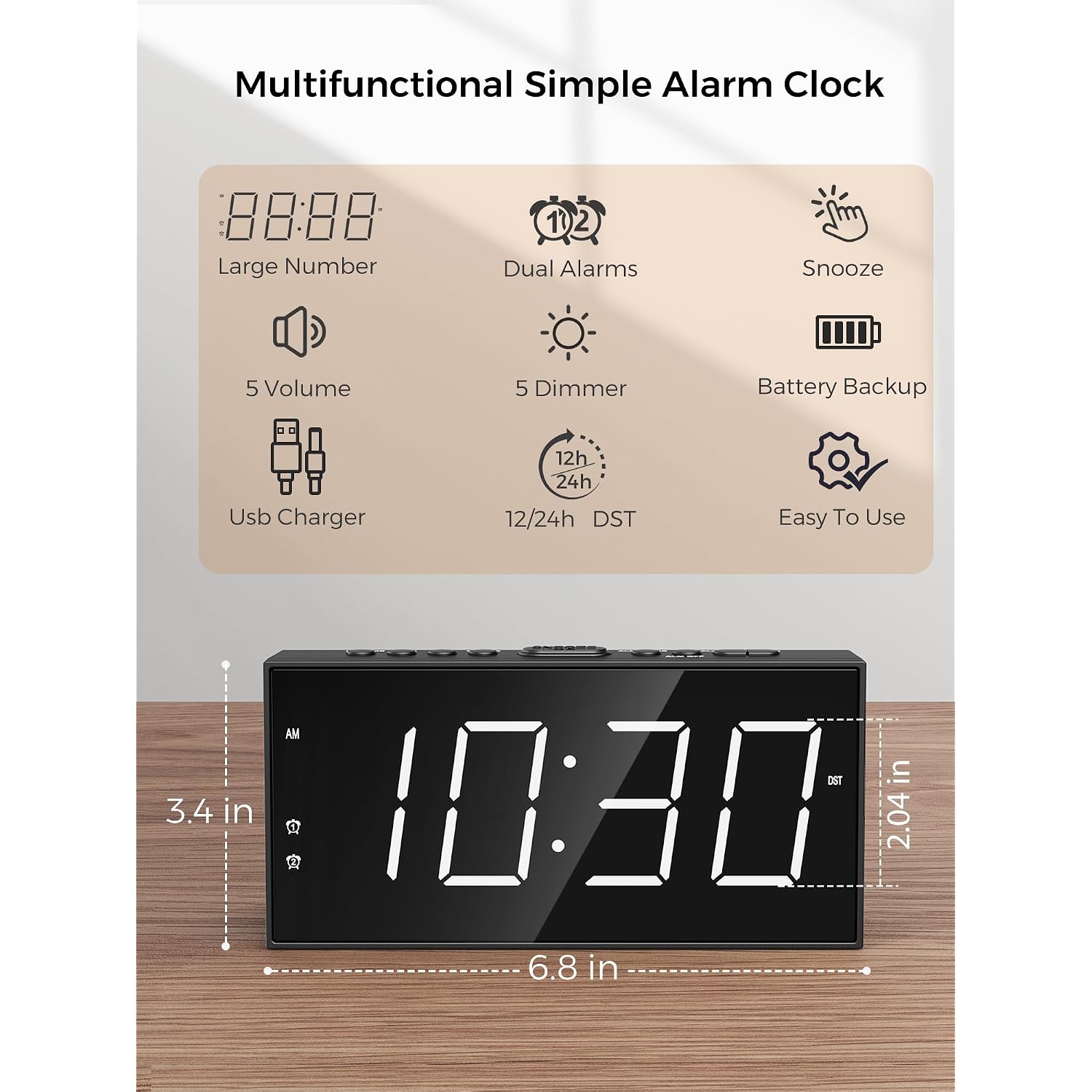 Pplee Alarm Clock For Bedroom, 2 Alarms Loud Led Big Display Plug In Simple Basic Digital Clock With Usb Charging Port, Adjustable Volume, Dimmable, Snooze For Deep Sleepers Kids Elderly Home Office