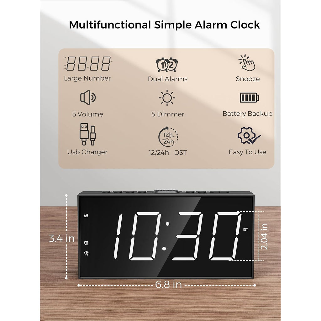 Pplee Alarm Clock For Bedroom, 2 Alarms Loud Led Big Display Plug In Simple Basic Digital Clock With Usb Charging Port, Adjustable Volume, Dimmable, Snooze For Deep Sleepers Kids Elderly Home Office