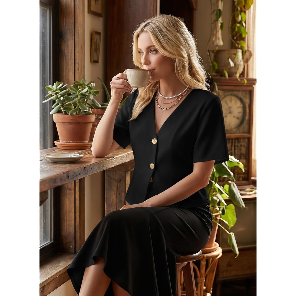 Blouses for Women Dressy Casual Summer Button Down Shirts Short Sleeve Business Work Tops