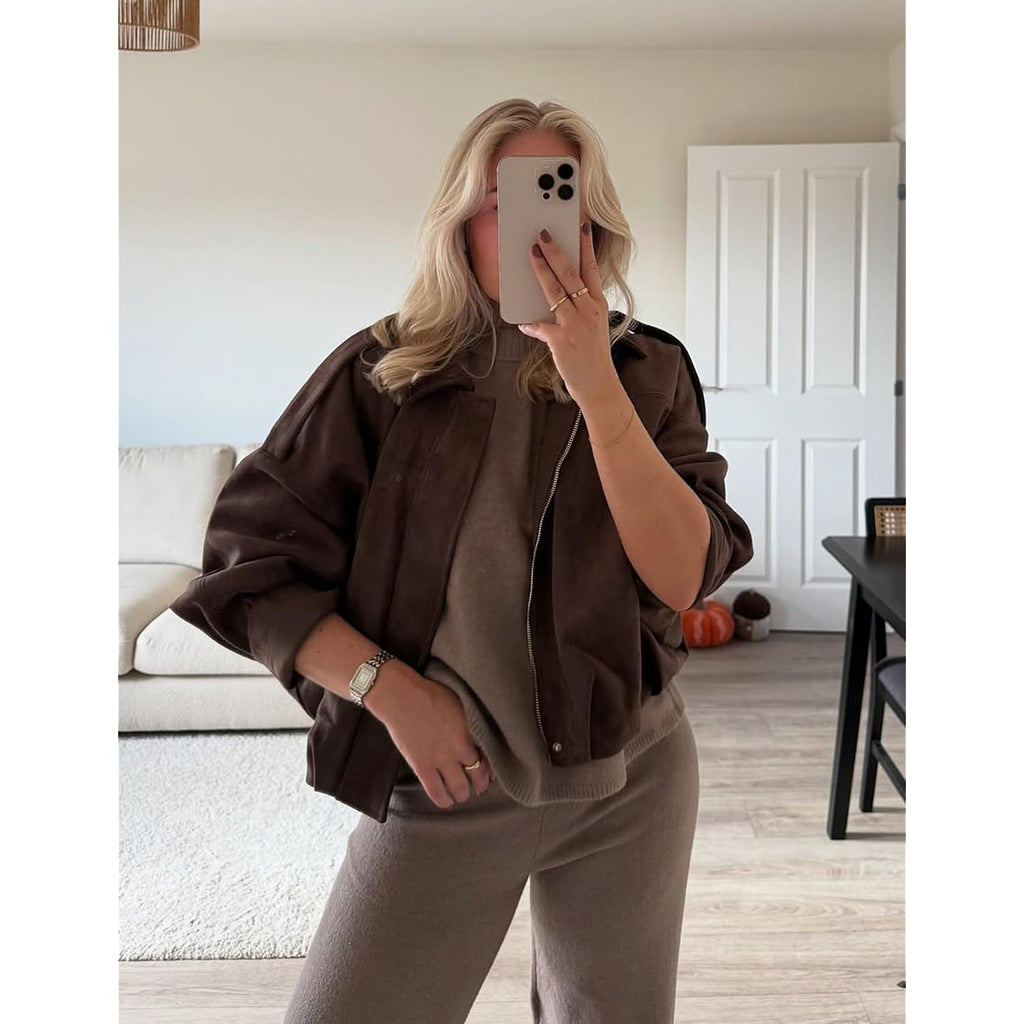 Womens Faux Suede Bomber Jacket Oversized Batwing Long Sleeve Zip Up Cropped Coat Streetwear