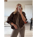 Womens Faux Suede Bomber Jacket Oversized Batwing Long Sleeve Zip Up Cropped Coat Streetwear