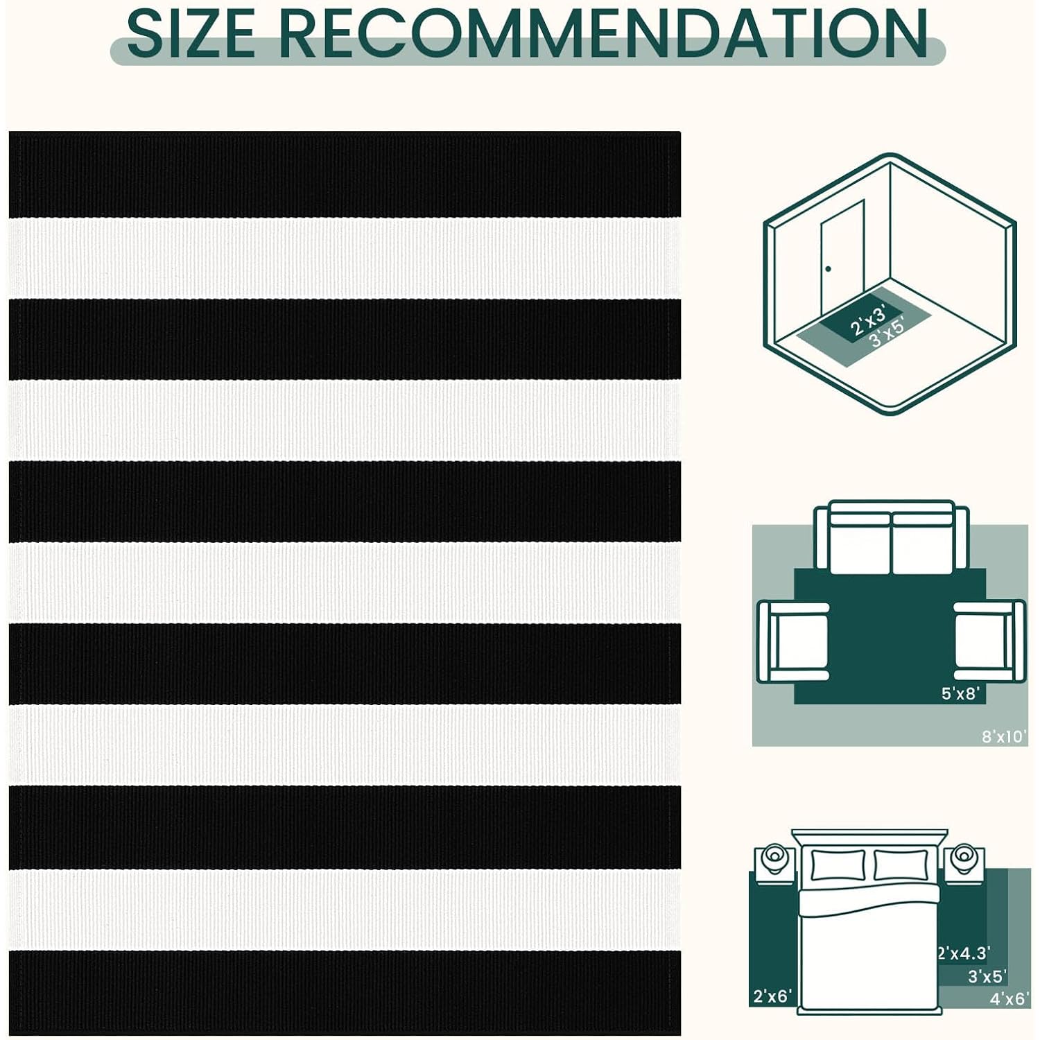 KOZYFLY Black and White Area Rug 27.5x43 Inches Striped Front Door Rug Cotton Washable Indoor Outdoor Rug Doormats Outdoor Small Striped Rugs for Kitchen Entryway Patio Front Porch Decor