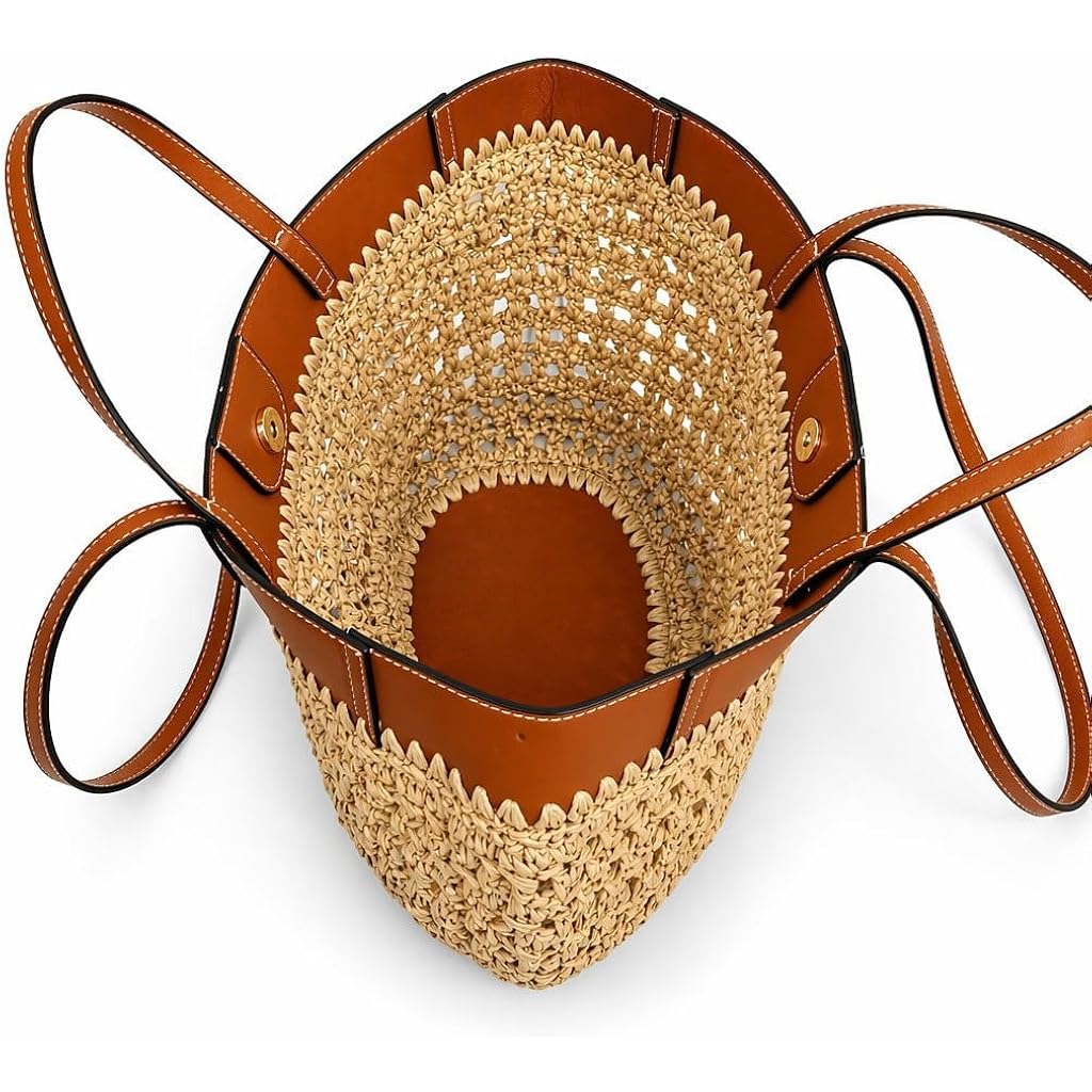 Straw Beach Bags For Women, Boho Summer Purse Tote With Pu Shoulder Strap