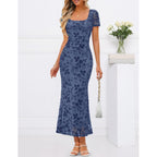 Merokeety Women Summer Floral Wedding Guest Maxi Dress 2026 Formal Short Sleeve Square Neck Bodycon Cocktail Party Long Dress