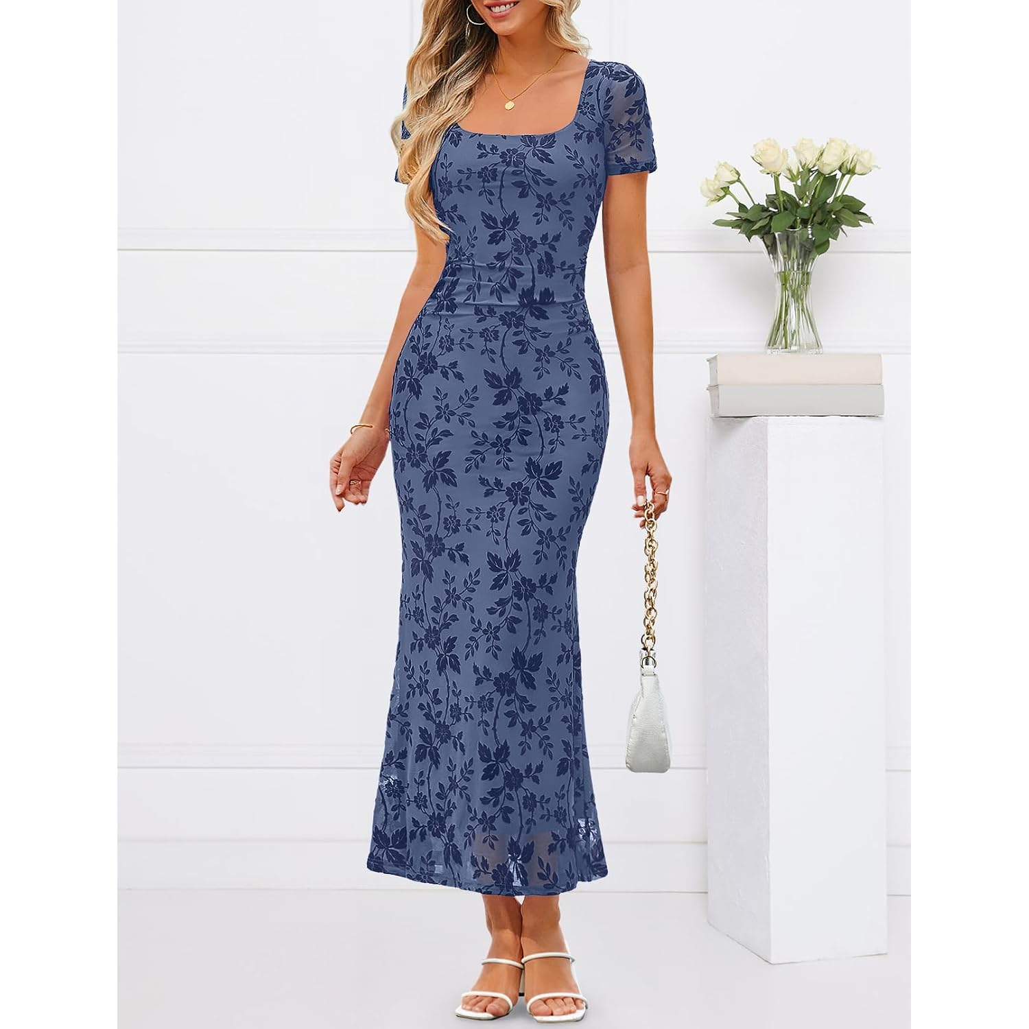 Merokeety Women Summer Floral Wedding Guest Maxi Dress 2026 Formal Short Sleeve Square Neck Bodycon Cocktail Party Long Dress