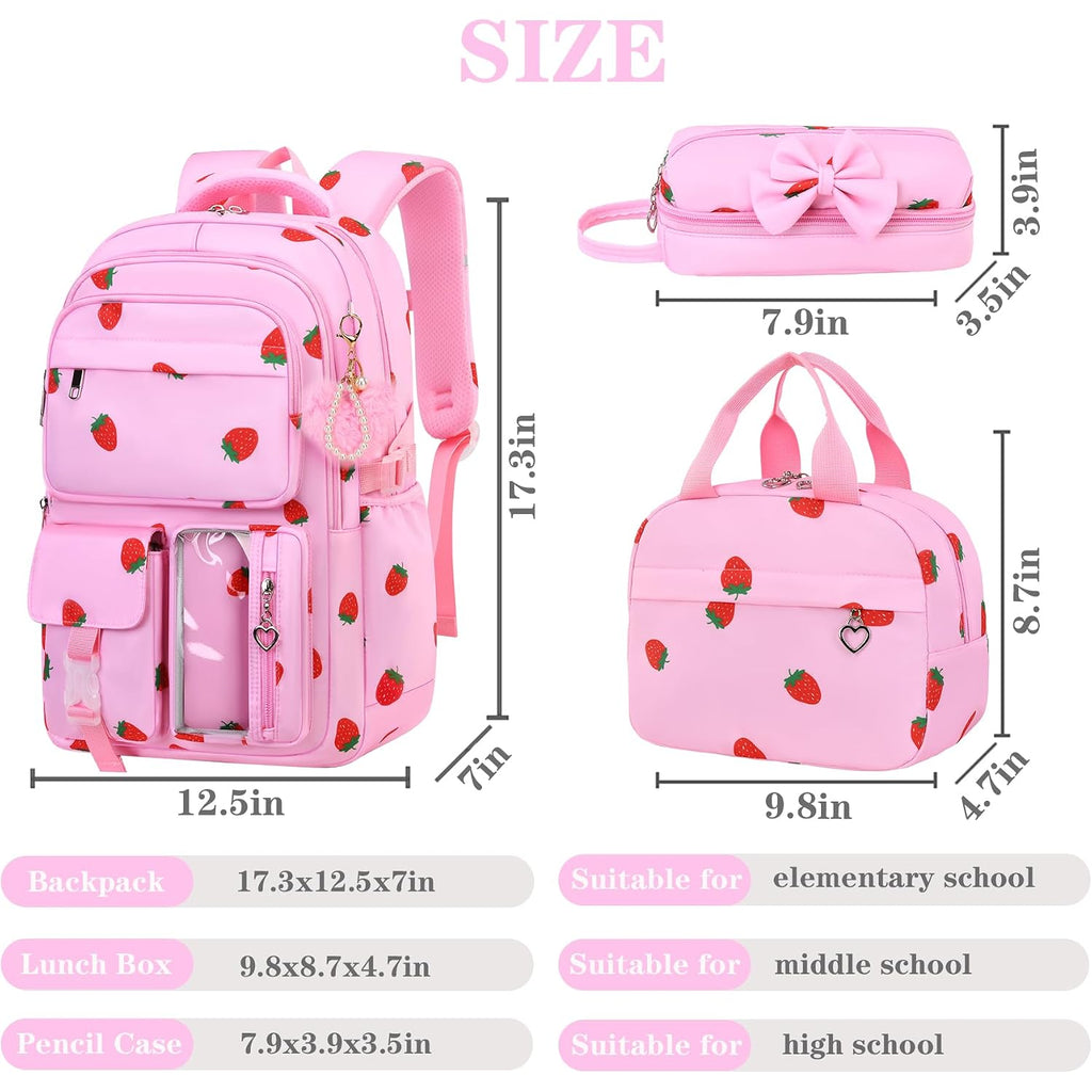 Girls Backpack Set With Lunch Box & Pencil Case, Floral Print Girls School Backpack For Elementary/Middle/High School (Pink-Strawberry)