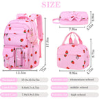 Girls Backpack Set With Lunch Box & Pencil Case, Floral Print Girls School Backpack For Elementary/Middle/High School (Pink-Strawberry)