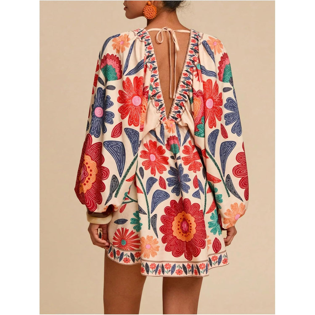 Roseseek Women'S Boho Floral V Neck Mini Dresses Bishop Sleeve Tie Open Back Tropical Dress