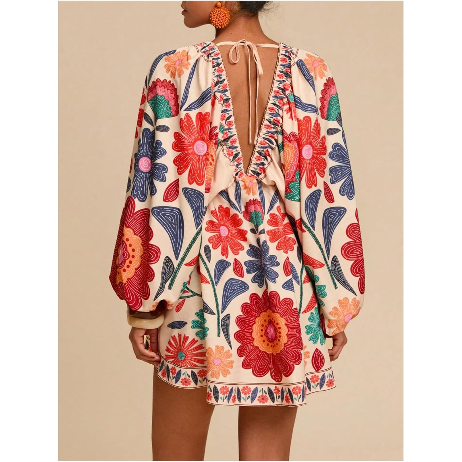 Roseseek Women'S Boho Floral V Neck Mini Dresses Bishop Sleeve Tie Open Back Tropical Dress