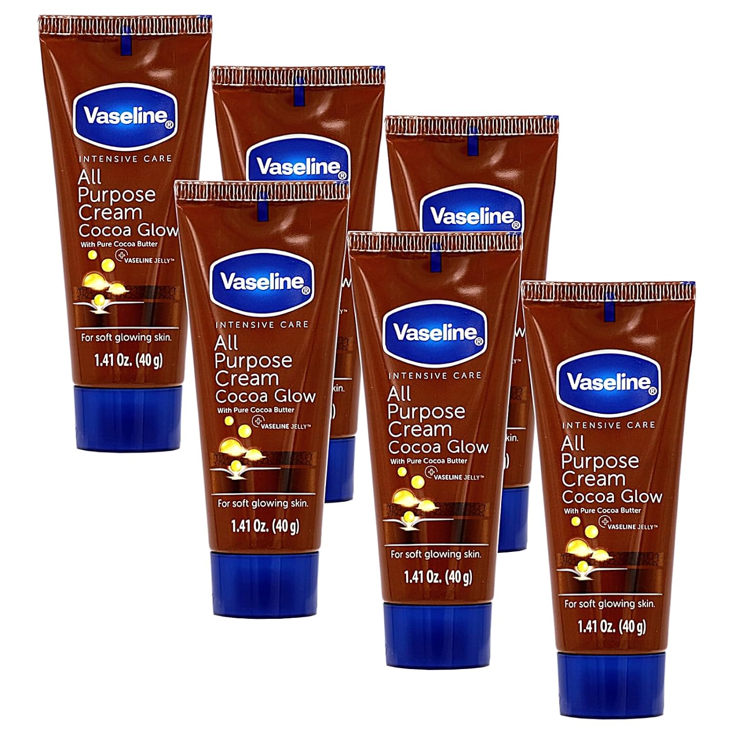 Vaseline All Purpose Cream Cocoa Glow, With Pure Cocoa Butter, 6-Pack, 1.41 Fl Oz Each, 6 Tubes