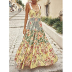 Abyovrt Women Floral Maxi Dress Tie Shoulder Patchwork Smocked Flowy Boho Dress With Pockets Summer Vacation Sundress