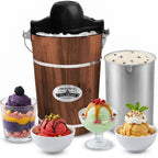 Elite Gourmet Eim949 Old Fashioned 6 Quart Vintage Walnut Wood Bucket, Electric Ice Cream Maker Machine Appalachian, Uses Ice And Rock Salt