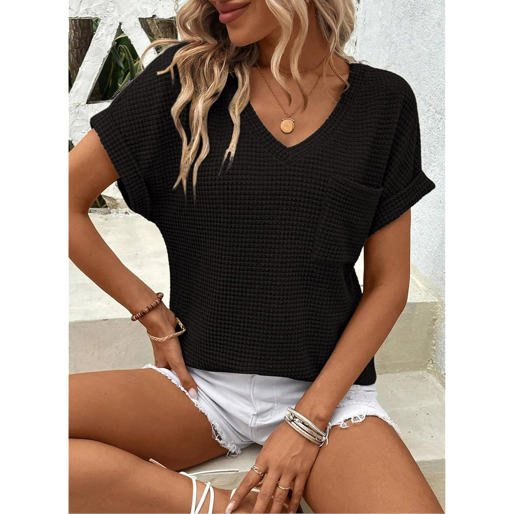 Womens Waffle Knit Tops 2026 Spring Summer V Neck Shirts Casual Trendy Women's Blouses Basic Tee
