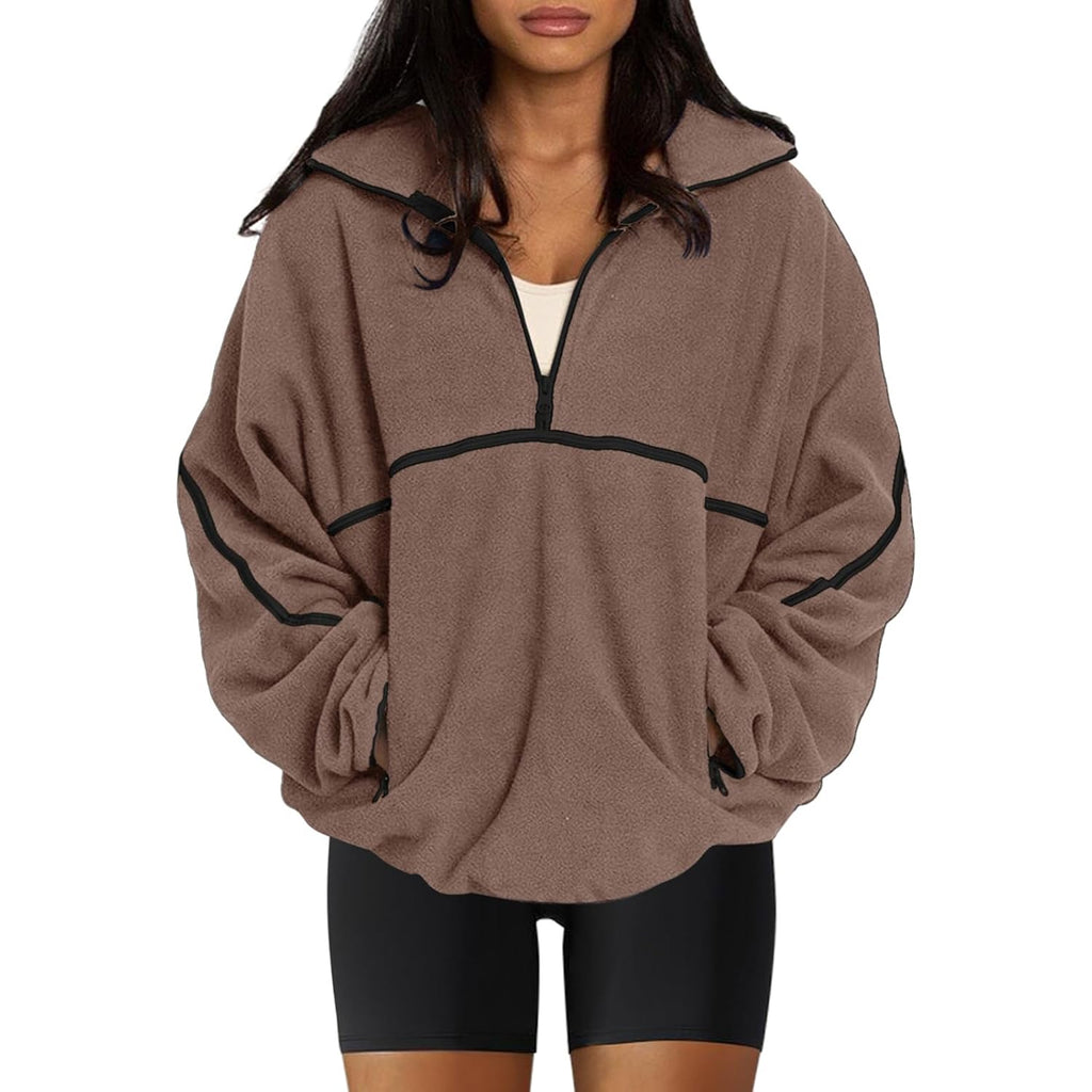 Laslulu Womens Half Zip Pullover Sweatshirt Sherpa Fleece Jacket Oversized Sweatshirts Warm Fuzzy Sweaters Pockets