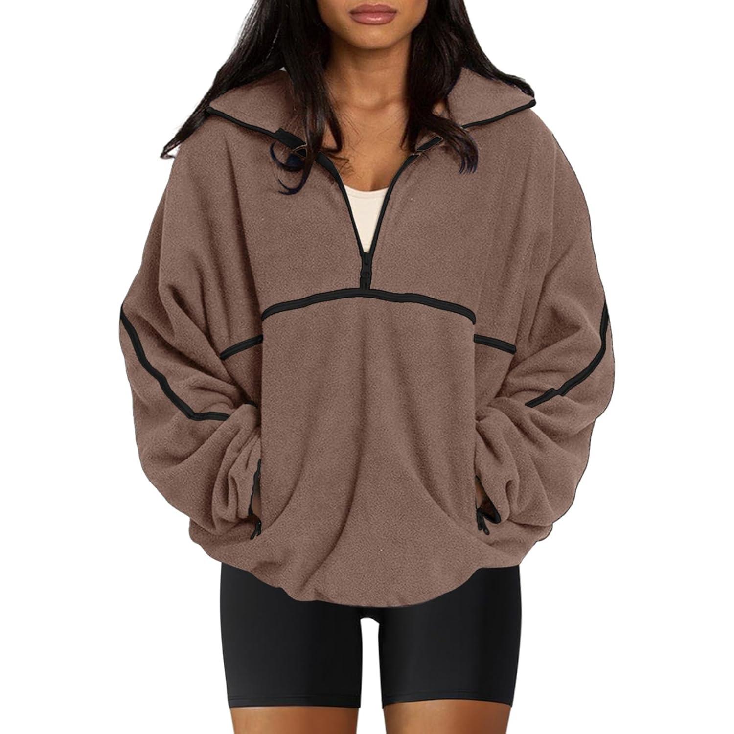 Laslulu Womens Half Zip Pullover Sweatshirt Sherpa Fleece Jacket Oversized Sweatshirts Warm Fuzzy Sweaters Pockets