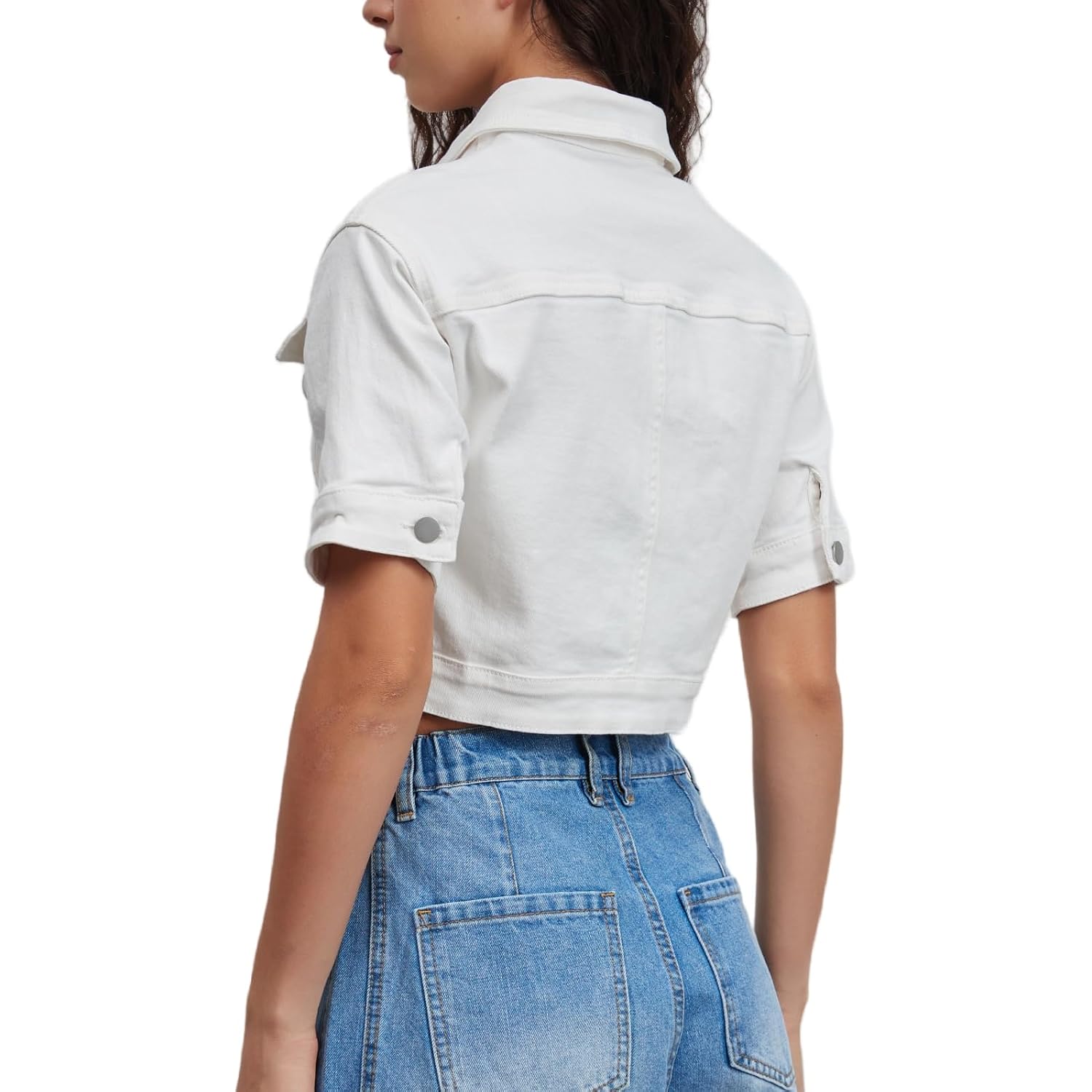 Women Cropped Denim Jacket Short Sleeves Button Down Jean Jackets Trucker Coats