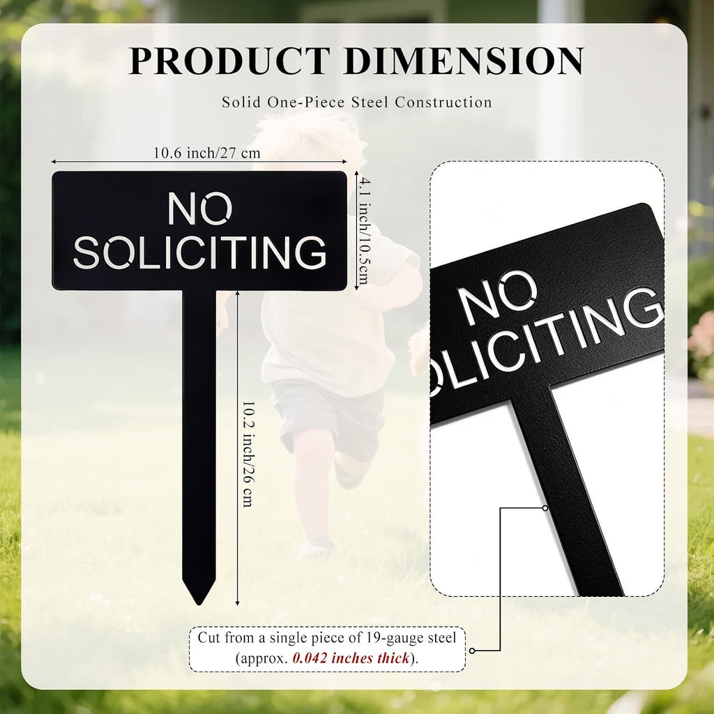 No Soliciting Metal Yard Sign For House, Modern Steel No Soliciting Sign, Outdoor No Soliciting Yard Sign For Front Yard Or Planter, 4.1” X 10.6” With 10.2” Stake, Black