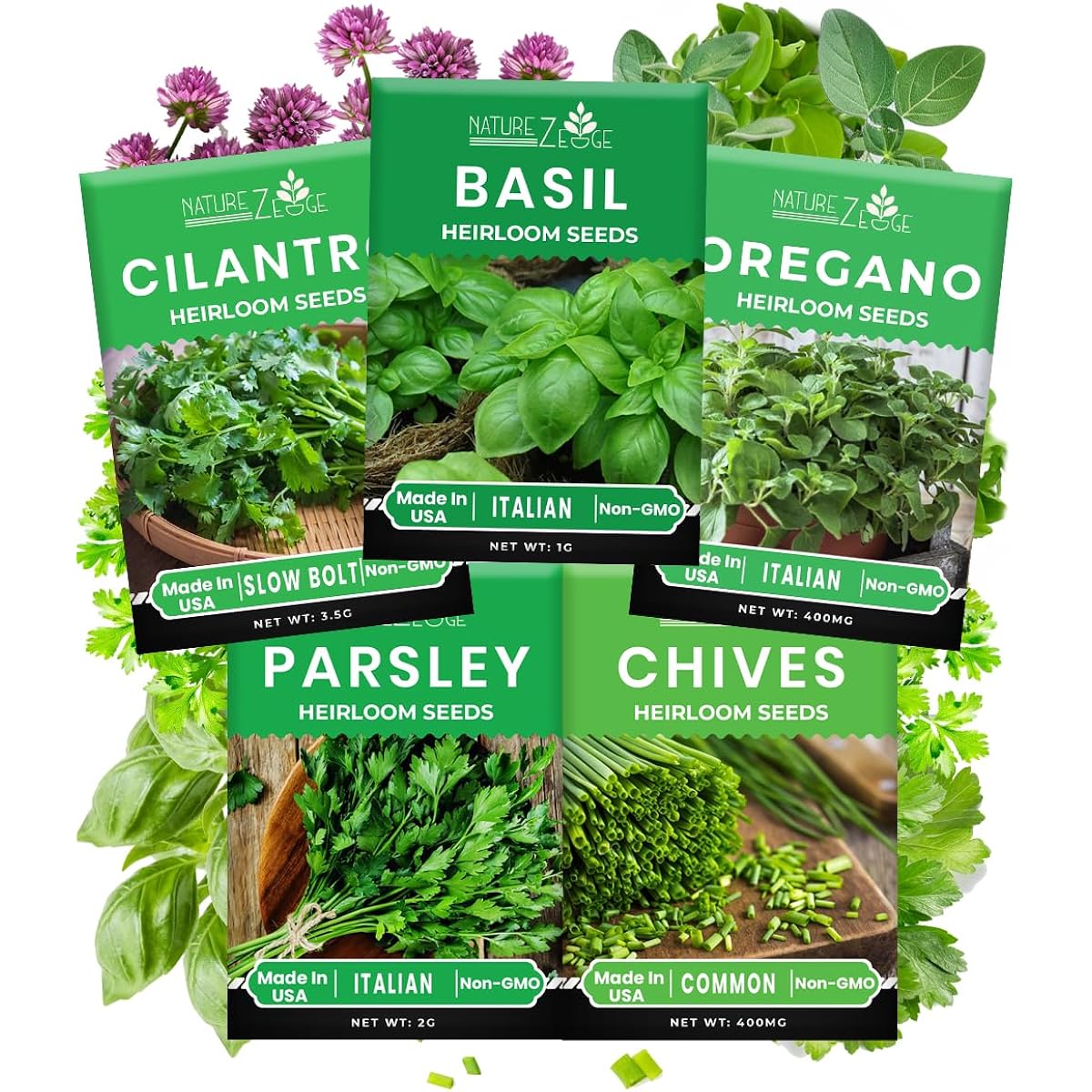 5 Herb Seeds Variety Kit, Oregano, Cilantro, Parsley, Basil, Chives