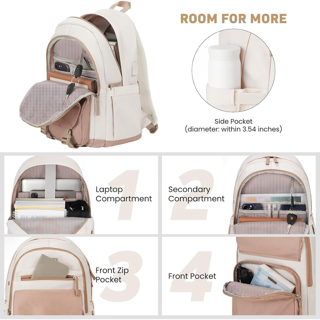 Windars School Backpack For Teen Girls, Cute College Backpacks For Women Students Aesthetic Bookbag Large 15.6 Inch Laptop Bag Middle School Travel Back Pack (Khaki Beige)