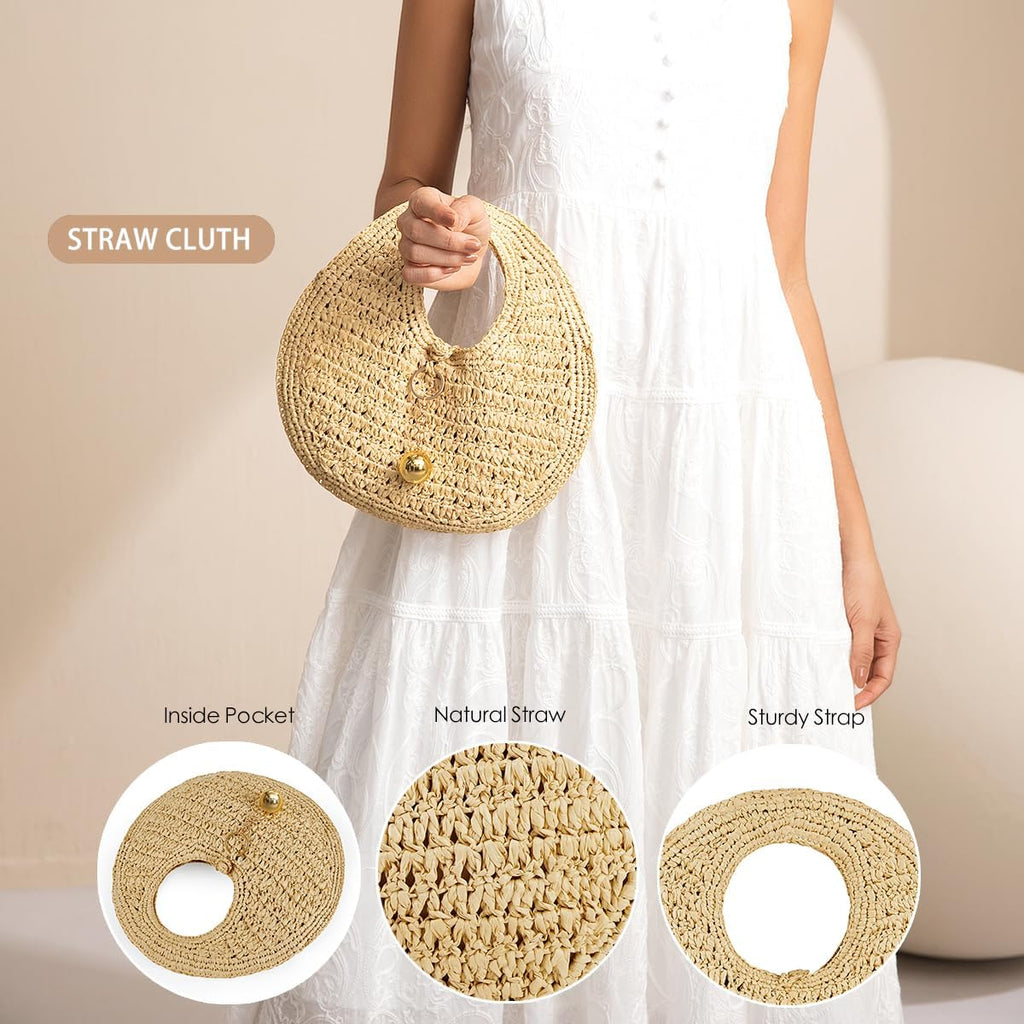 Philomena Woven Straw Beach Bag For Women Handmade Raffia Circle Bag, Summer Boho Chic Tote Purse Handbag Large Round Bag