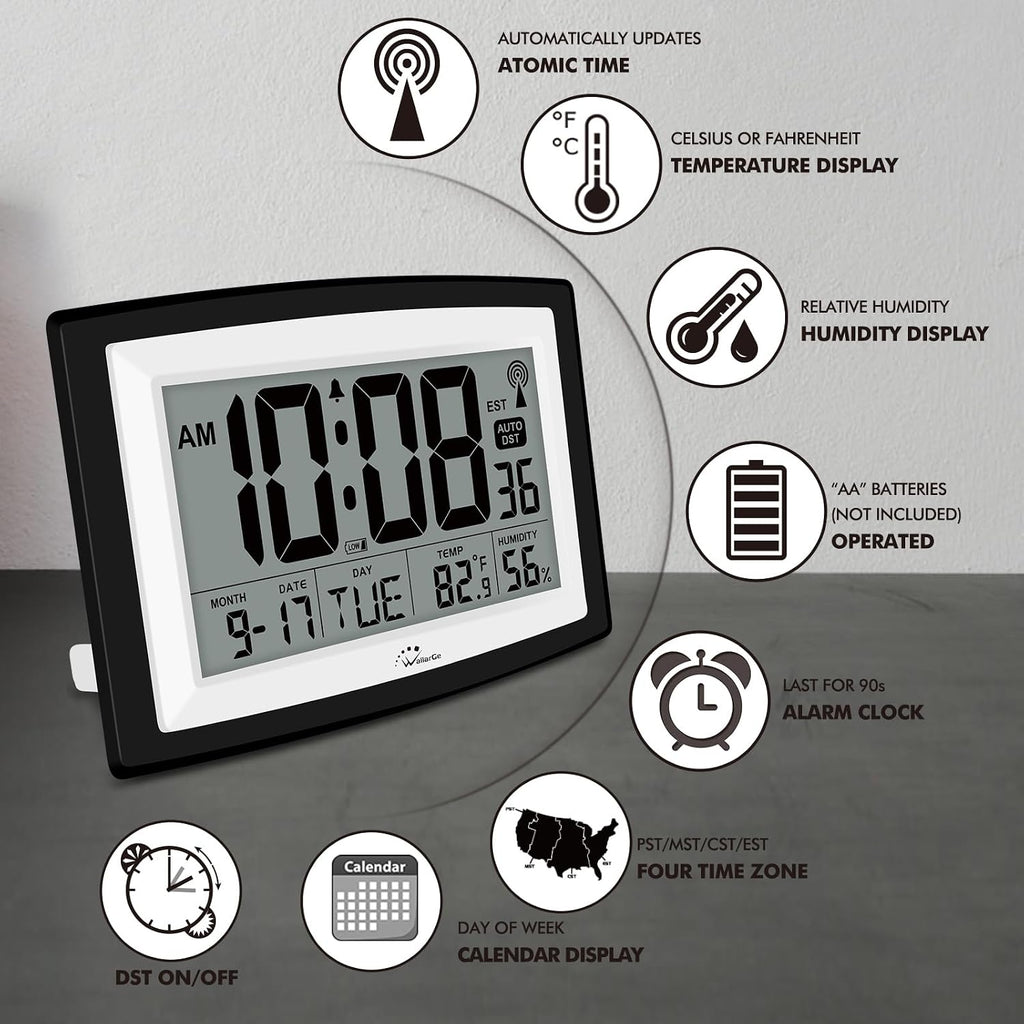 Atomic Clock With Indoor Temperature And Humidity, 12.5 Inch Self-Setting Digital Wall Clock Or Desk Clock, Battery Operated Digital Clock Large Display For Seniors, Auto Dst