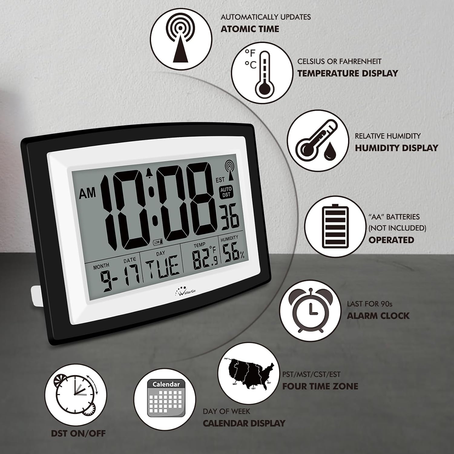 Atomic Clock With Indoor Temperature And Humidity, 12.5 Inch Self-Setting Digital Wall Clock Or Desk Clock, Battery Operated Digital Clock Large Display For Seniors, Auto Dst