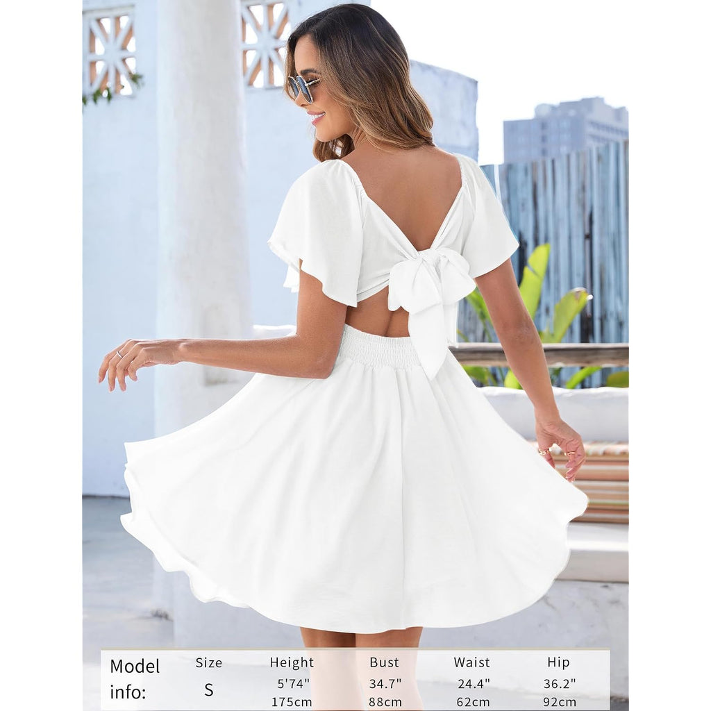 Florboom Women'S Sweetheart Knot Front Dress Flutter Sleeve Tie Back A-Line Chiffon Mini Dresses