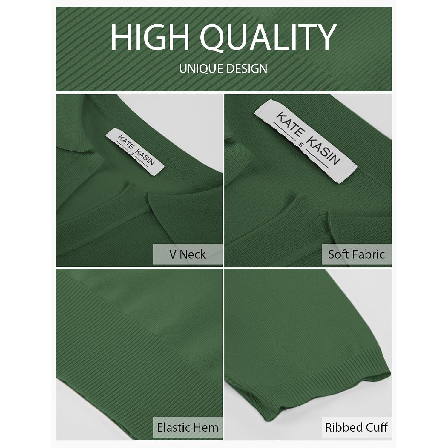 Kate Kasin Women Short Sleeve Polo Sweater V Neck Knitted Tops Casual Ribbed Shirt Loose Pullover Sweater