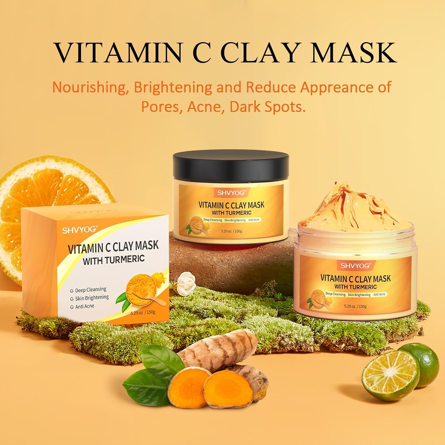 Shvyog Turmeric Vitamin C Clay Mask With Kaolin Clay For Dull & Blemish-Prone Skin, Deep Cleansing Facial Mask, Face Masks Skincare For Controlling Oil And Refining Pores 5.29 Oz 150G