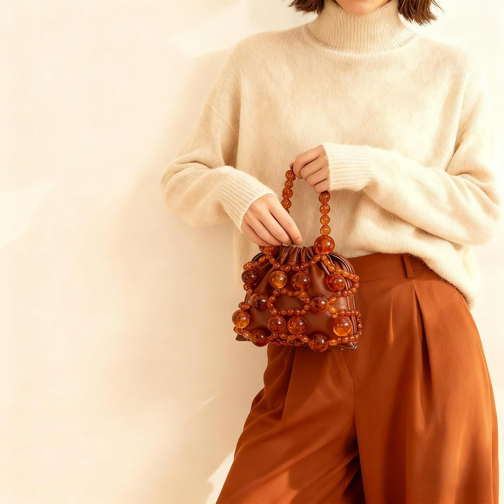 Women'S Brown Leather Shoulder Bag With Amber Bead Decoration, Bohemian Women'S Crossbody Bag, Cute Little Handbag