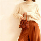 Women'S Brown Leather Shoulder Bag With Amber Bead Decoration, Bohemian Women'S Crossbody Bag, Cute Little Handbag