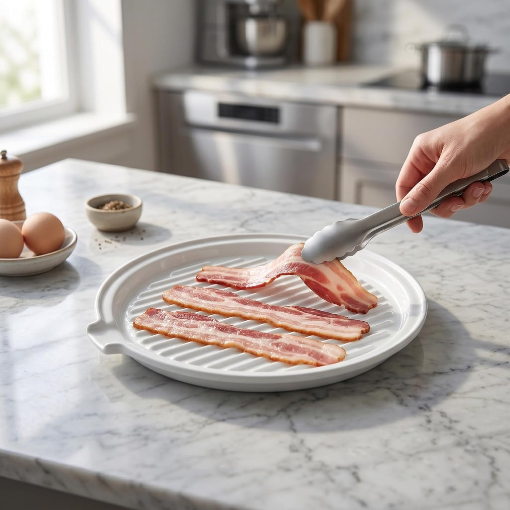 ONEMORE Microwave Bacon Tray with Lid Ceramic Bacon Cooker Meat Rack for Oven Cooking Crispy Bacon Maker with Cover - 11 inch Round Bacon Dish Plate, White