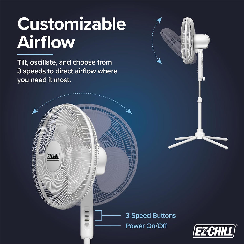 Ez-Chill 16” Oscillating Pedestal Fan, 3-Speed Options, 90-Degree Oscillating Head, Adjustable Height And Tilt, Powerful Air Flow, White, Mtsp15-16Az