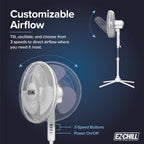 Ez-Chill 16” Oscillating Pedestal Fan, 3-Speed Options, 90-Degree Oscillating Head, Adjustable Height And Tilt, Powerful Air Flow, White, Mtsp15-16Az