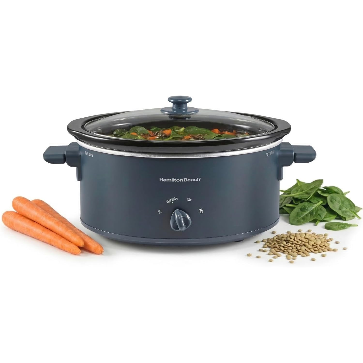Hamilton Beach 6 Quart Slow Cooker With Space-Saving Folding Handles | 3 Heat Settings | Dishwasher Safe Stoneware Crock & Glass Lid | Kitchen Makeover Blue | 33608