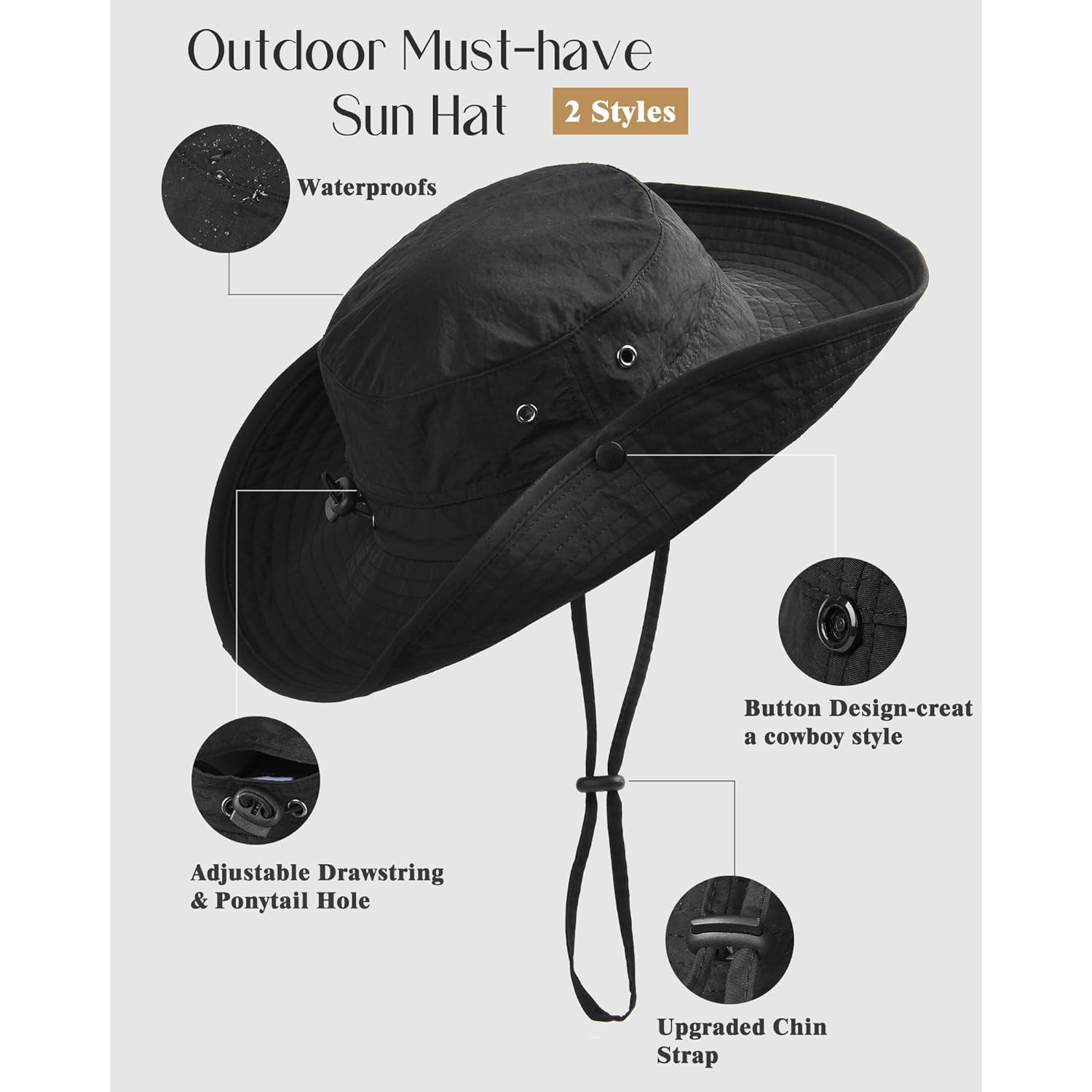 FURTALK Sun Hats for Women Ponytail UPF 80+ Beach Summer Hat Wide Brim Packable Cowboy Hat