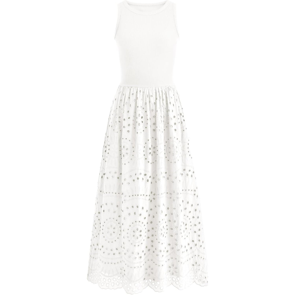 Dowerme Women Summer Dresses 2026 Casual Sleeveless Crewneck A-Line Boho Lace Eyelet Cotton Tank Maxi Dress With Pockets