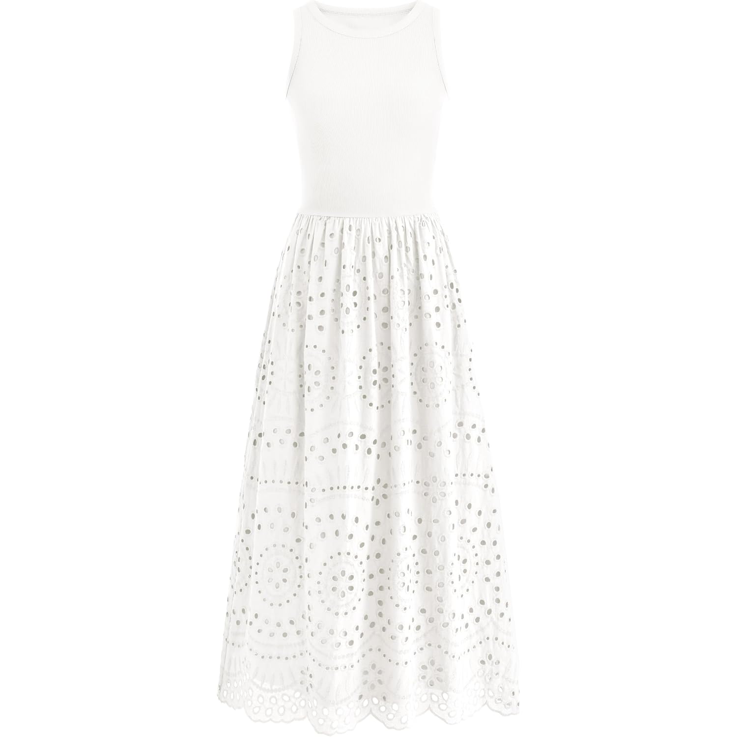 Dowerme Women Summer Dresses 2026 Casual Sleeveless Crewneck A-Line Boho Lace Eyelet Cotton Tank Maxi Dress With Pockets